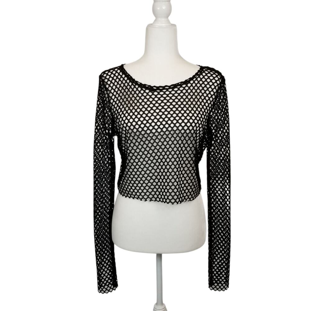 Social Collision Women's Long Sleeve Mesh Crop Top Black Size Large